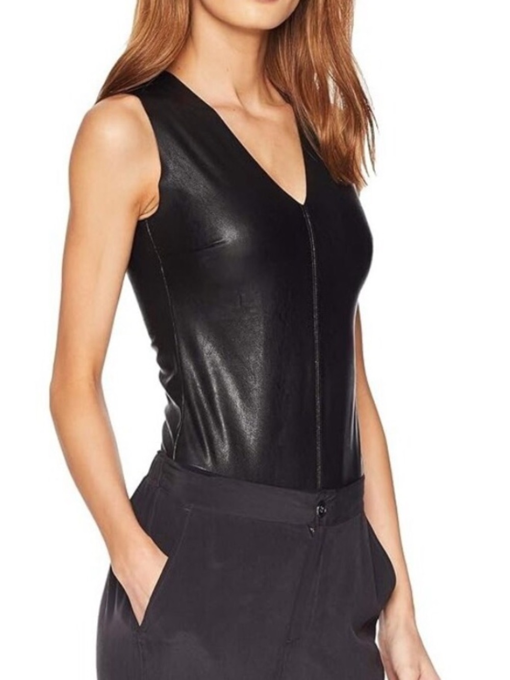 NWT Commando Black Faux Leather V Neck Size Large Bodysuit